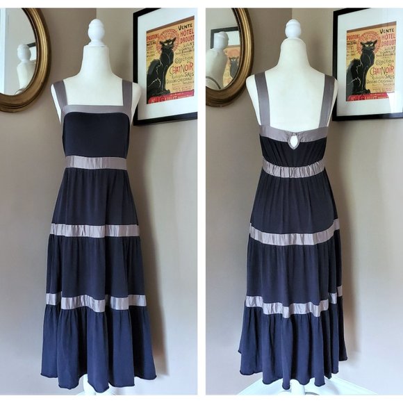 Free People Dresses & Skirts - Free People Navy Blue Tiered Silk Trim Dress Sz 4